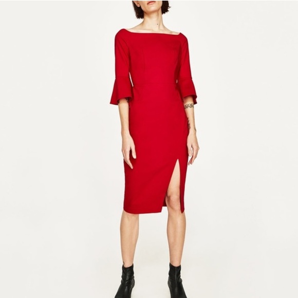 zara red off the shoulder dress